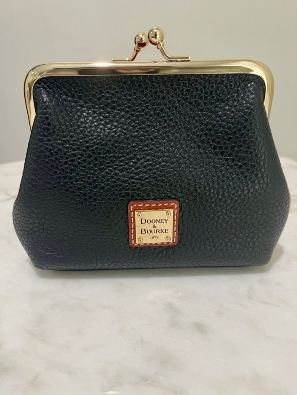 Dooney & Bourke Black Pebble Leather Kiss-Lock Coin Purse with Gold Trim